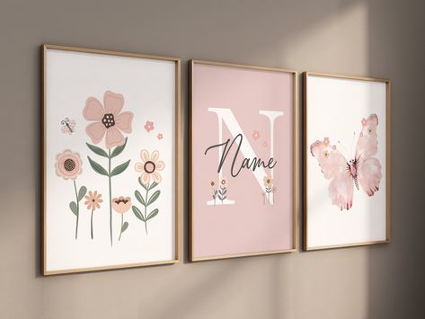 Flower nursery, wildflower nursery, butterfly nursery, Girl bedroom art, name print, girls room decor, blush nursery, baby girl wall art  FRAMES ARE NOT INCLUDED, PLEASE READ DESCRIPTION ON HOW TO GET FRAMES  ● All posters are printed on high quality 255 gsm 68 lb professional paper with high-end professional grade equipment.  ● I ship smaller size posters (5x7 and 8x10) flat, supported with 2 cardboards in a bubble envelope and larger size posters rolled in mailing tubes. Rolled posters can eas Nursery Butterfly, Pastel Interior Design, Wildflower Nursery, Blush Nursery, Nursery Baby Girl, Girls Bedroom Art, Butterfly Nursery, Nursery Girl