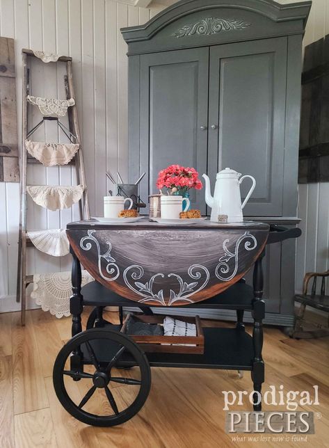 Farmhouse Style Tea Cart Makeover by Larissa of Prodigal Pieces | prodigalpieces.com #prodigalpieces #shopping #furniture #diy Tea Cart Makeover, Upcycle Desk, Vintage Tea Cart, Farmhouse Kitchen Canisters, Cart Table, Mid Century Modern Bookcase, Vintage Secretary Desk, Bookcase Makeover, Farmhouse Bench Diy