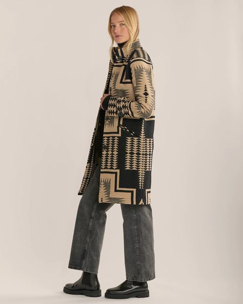 Experience the timeless elegance of this women's coat, inspired by vintage archives but reimagined for modern life. Designed with an updated fit and crafted in the USA with our cozy Timberline jacquard fabric, every stitch is carefully matched to create a flawless pattern. Featuring a button placket, patch front pockets, and button-tab details at cuffs, the unlined interior with taped seams allows the stunning fabric to shine through. Harding Timberline Wool Coat: Shell, 90% polyester, 10% acrylic; cotton lining on shell, polyester lining on sleeves; polyester fill. Care: Machine wash separately, warm; Only non-chlorine bleach when needed; Tumble dry low; do not iron; can be dry cleaned. Stay up to date on products & sales with our Facebook Page. Cold Weather Style Women, Cabin Clothes, Alpine Fashion, Yellowstone Style, Necklace Styling, Coats 2024, Yellowstone Outfits, Wool Jackets, Ranch Wear