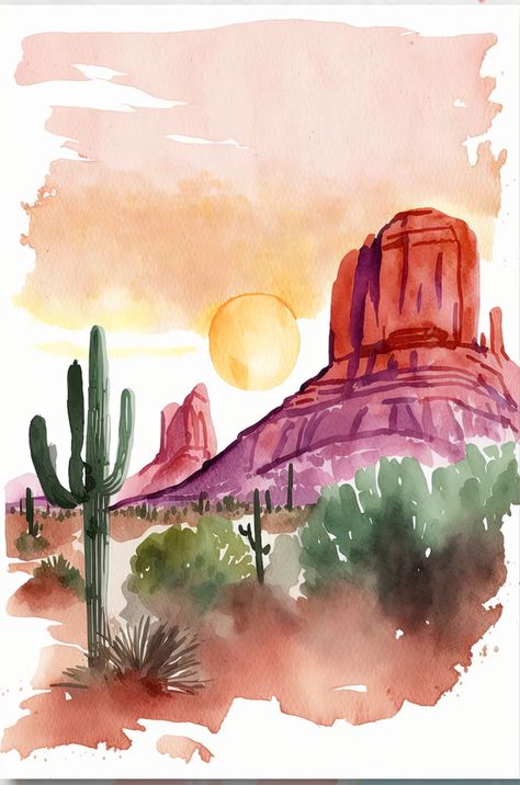 Contemporary Watercolor Art, Water Paint Art, Desert Landscape Art, Watercolor Art Landscape, Cactus Painting, Contemporary Watercolor, Landscape Art Painting, Art Impressions, Art Diary