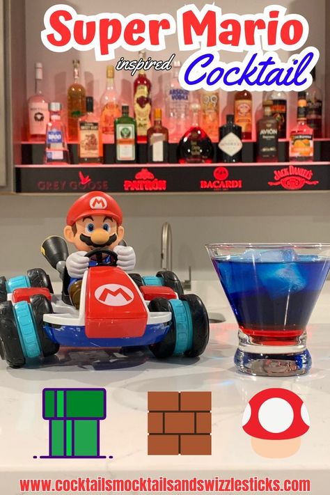 This image shows a blue drink with a red bottom sitting next to mario on a race car in front of a red lighted bar shelf. Super Mario Bros Party, Mario Bros Party, Themed Drinks, Classic Video, Super Mario Brothers, Classic Video Games, Mario Brothers, Mario Party, Family Movie Night