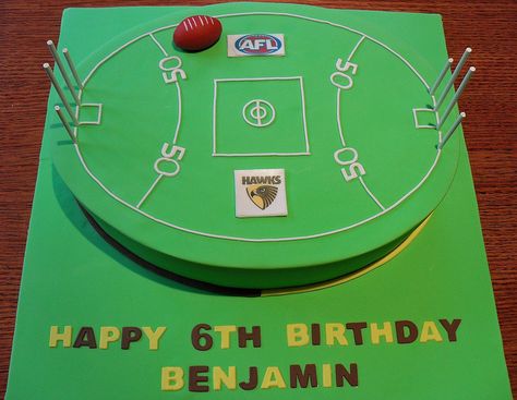 AFL Football Field Cake, via Flickr. Afl Cake, Footy Cake, Afl Party, Football Field Cake, Football Cakes, Ruby Cake, Afl Football, Sports Themed Cakes, 8th Birthday Cake