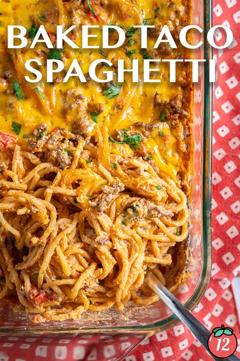 Baked Taco Spaghetti | 12 Tomatoes Taco Spaghetti Bake With Velveeta, Easy Taco Spaghetti Bake, Taco Spaghetti Bake Ground Beef, Taco Spaghetti Casserole Bake, Mexican Baked Spaghetti, Baked Taco Spaghetti Easy, Spaghetti Taco Casserole, Taco Noodle Bake, Taco Speggetti Recipes