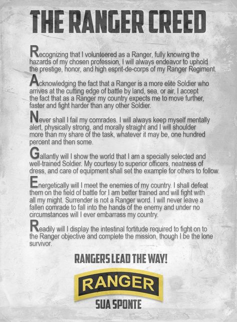 The Ranger Creed...the code U.S. Army Rangers live by. Creed Quotes, Ranger Regiment, Ranger School, Airborne Ranger, Us Army Rangers, 75th Ranger Regiment, Army Ranger, Military Quotes, Army Rangers