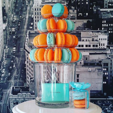 Orange Macarons, Macaron Tower, Blue And Orange, Shades Of Orange, Tiffany Blue, Queen Bees, Bright Orange, Birthday Theme, 2nd Birthday