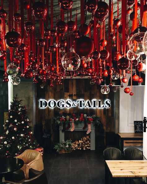 Holiday Pop Up Bar, Cafe Christmas Decorations, Christmas Decor Ideas For Restaurant, Christmas Decorations Restaurant, Restaurant Christmas Decor, Bar Christmas Decor, Christmas Ceiling Decorations, Tree Decoration Ideas, Lights For Christmas