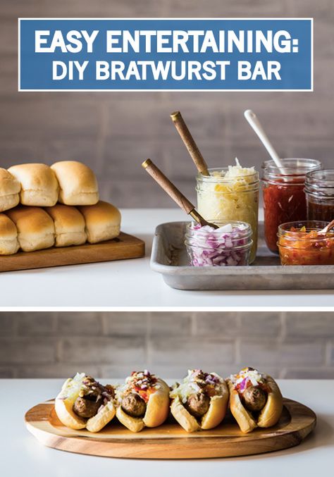 Have your guests customize their game day snacks with this easy entertaining idea! A DIY Bratwurst Bar is a great way to get everyone in on the food prep and having a little fun with their food. With such an easy setup, you’re sure to score big with this build-your-own-brat bar. Bratwurst Bar, Bratwurst Toppings, Hamburger Toppings, Jelly Toast, Beer Tasting Parties, Healthy Superbowl Snacks, Hot Dog Bar, Oktoberfest Party, Hot Dog Recipes