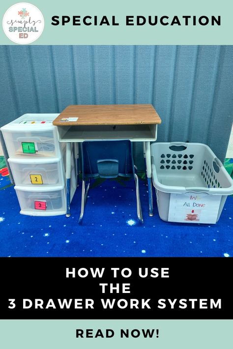 How to Use the 3 Drawer Work System - Simply Special Ed Task Box Organization Special Education, 3 Drawer Work System, Aba Classroom Setup Work Stations, Level 3 Special Education Classroom, Special Education Independent Work Stations, Iep Work Bins, Work Bins For Special Education, Work Systems Special Education, Structured Work Systems