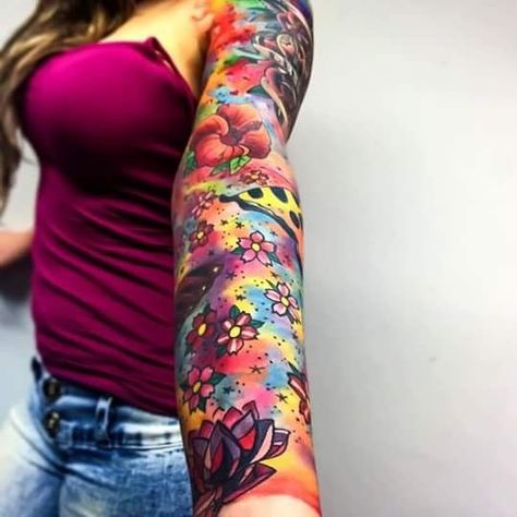 Bright Flower Tattoos, Gap Filler Tattoo, Tattoo Main, Colorful Sleeve Tattoos, Tattoo Canvas, Tattoo Sleeve Filler, Colorful Tattoo, Foreign Celebrities, Bright Tattoos