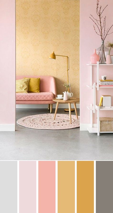 Mustard Living Rooms, Living Room Color Combination, Yellow Ceiling, Room Color Combination, Pink Couch, Ikea Table, House Paint Interior, Pink Office, Color Palette Pink