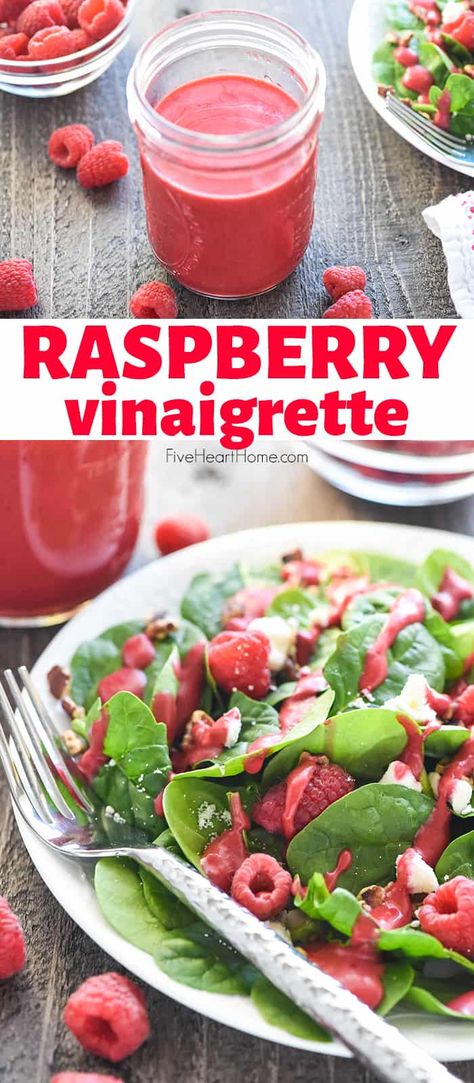 Raspberry Vinaigrette ~ a silky-smooth, sweet and tangy homemade dressing that's easy to make and delicious over a variety of salads! | FiveHeartHome.com Healthy Homemade Salad Dressing Recipes, Raspberry Vinaigrette Recipe, Raspberry Vinaigrette Dressing, Raspberry Vinaigrette Salad, Raspberry Salad, Homemade Salad Dressing Healthy, Vinaigrette Dressing Recipe, November 01, Vinaigrette Salad