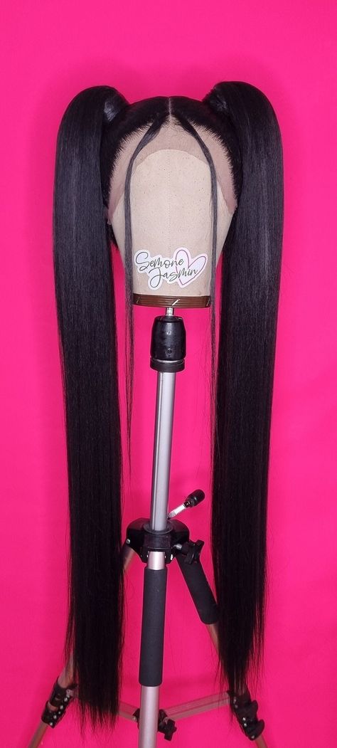 This beautiful playful black pigtail wig is styled on a 13x3 hand-tied lace front wig and made from synthetic fibers. She has a stretchy wig cap that fits the majority of head sizes, along with three combs and adjustable straps which help to secure the wig to your head. Due to sanitary reasons, we do not accept returns on orders which have been shipped, but please do contact me if there is any issue with your order. Thank you x Click here to sign up to our mailing list and receive 15% off your first order:  https://mailchi.mp/3b28c8c2586b/dm600rtank Updo Wig, Black Updo, Kpop Oc, Pigtail Wig, Drag Wigs, Ponytail Wig, Quality Wigs, Wig With Bangs, Braiding Hair