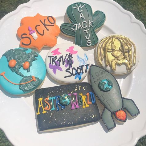 Travis Scott Party Theme, Travis Scott Birthday Cake, Travis Scott Cake, Travis Scott Birthday, Astro World Travis Scott, Ocean Music, Travis Scott Astroworld, Cookie Cake Birthday, World Party