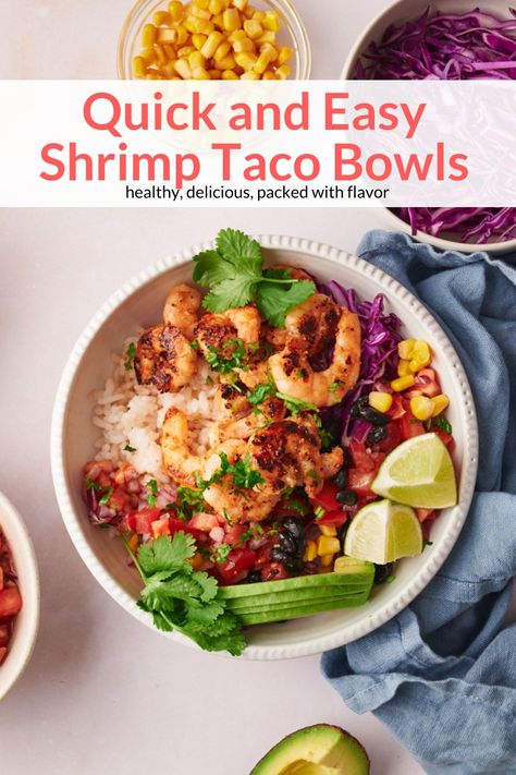 Make these quick and easy shrimp tacos bowls in less than 20 minutes with seasoned shrimp, black beans, corn, and all the toppings. Great for meal prep. #dinner #makeahead #quickandeasy Applebees Tex Mex Shrimp Bowl Recipe, Hawaiian Shrimp Taco Bowl, Shrimp Taco Bowl, Shrimp Enchiladas, Chicken Taco Bowls, Shrimp Tacos Easy, Taco Bowl Recipe, Slender Kitchen, Fajita Bowls