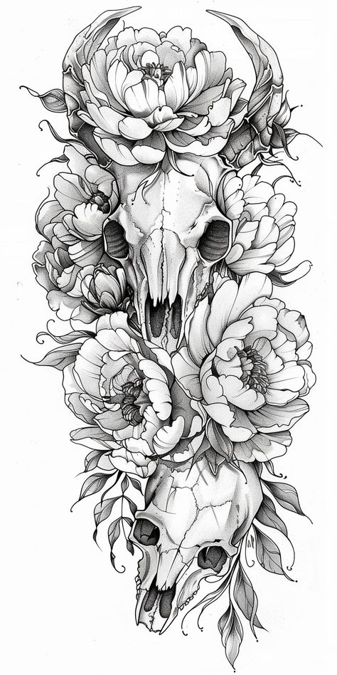 Tattoo Half Sleeve: Peonies and Animal Skull Back Skull Tattoo Women, Peony With Skull Tattoo, Flower Tattoo Sleeve Designs, Tattoo Design Drawings Skull, Lotus Flower And Skull Tattoo, Skull And Leaves Tattoo, Animal Skull Sleeve Tattoo, Skeletal Animal Tattoos, Deer Skull With Flowers Tattoo