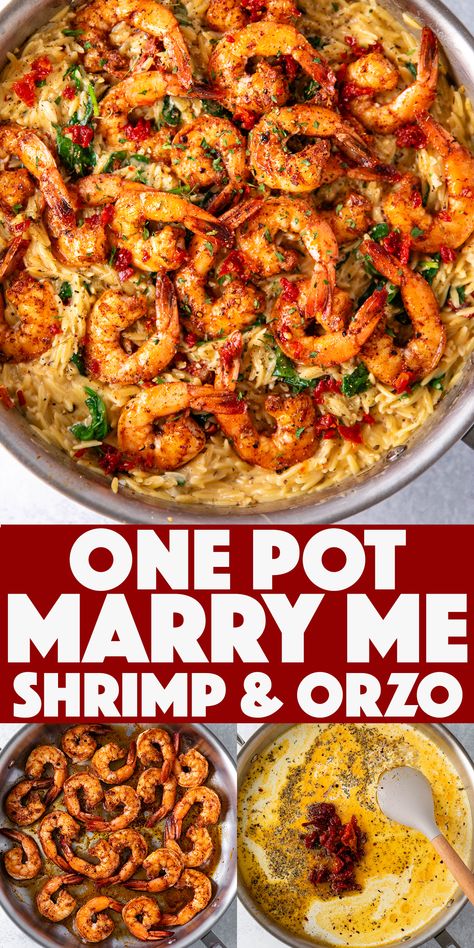 One Pot "Marry Me" Shrimp and Orzo Pasta - freshly sautéed juicy shrimp in a creamy flavor-packed tuscan inspired sun-dried tomato sauce with orzo and spinach. Shrimp Meat Recipes, Family Shrimp Dinner Ideas, Shrimp With Sundried Tomatoes Recipe, Shrimp Orzo Dinner Recipes, Tuscan Shrimp And Spinach Pasta, One Pot Meals Shrimp, Tasty Cajun Shrimp, Healthy Dinner And Lunch Recipes, Easy Meals Shrimp