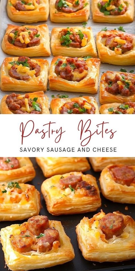 Savory Sausage and Cheese Puff Pastry Bites Ingredients: 400 g puff pastry 1 egg, beaten 2 tablespoons ketchup 100 g boiled sausage, sliced 100 g smoked sausage, sliced 1 tomato, sliced #PuffPastry #Bites Sausage Puff Pastry, Puff Pastry Bites, Sausage Puffs, Pastry Bites, Cheese Puff, Cheese Puff Pastry, 15 Minute Meals, Flaky Pastry, Smoked Sausage