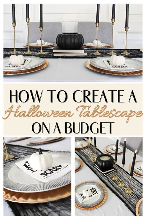 Halloween Tablescape On A Budget Black White And Gold | Table Scapes | DIY | Elegant | Dining Room | Ideas | Kids | Simple | Buffet | Round Table | Dollar Stores | Adult | Candles | Cute | Cauldron | Classy | Centerpiece | Creepy | Spooky Chic | Dinnerware Sets | Décor | Decorations | Dark | Halloween Party | Easy | Food | Flowers | Fancy | Gothic | Glam | Hocus Pocus | Vintage | Luxury | Modern | Minimal | Moody | Outdoor | Pumpkin | Pretty | Scary | Sophisticated | Runner | Whimsical Dark Halloween Party, Cute Cauldron, Simple Buffet, Realistic Candles, Gold Halloween, Gift Hacks, Spooky Chic, Food Flowers, Easy Halloween Party