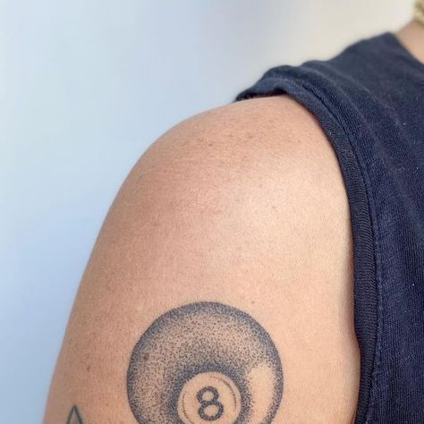 Anna Wexler on Instagram: "healed 8 ball for Tuffy ❤️❤️ on @shelly.millard 🙏🏽🙏🏽 poked with @sombragrays at @communiontattoo 

#stickandpoke #handpoke #machinefree #tattoo #ttt #8ball #8balltattoo #dotworktattoo #dotwork #stippletattoo #stipplingart #stipple #art #austin #texas #austintexas #austintattooartist #communiontattoo #stickandpoketattoo #handpokedtattoo #memorialtattoo" Stipple Tattoo Design, 8 Ball Tattoo Design, Stipple Shading Tattoo, Stipple Tattoo, 8 Ball Tattoo, Stipple Art, Stippling Tattoo, Pointillism Tattoo, Stippling Art