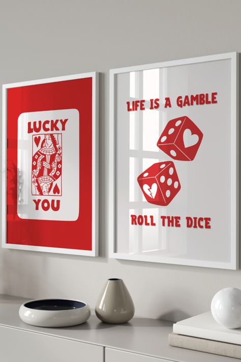 Trendy Printable Walln Art Set of 2 Room Decor Red Aesthetic, Lucky Me Poster, Queen Of Hearts Card Aesthetic, Lucky You Print, Trendy Retro Wall Art, Red Aesthetic Prints, Lucky You Poster, Gamble Aesthetic, Ace Card Aesthetic