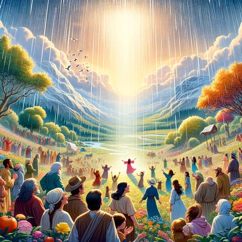 A cartoon-style illustration that captures the concept of rain in the New Testament as a metaphor for the coming of the Holy Spirit. The scene shows a vibrant, joyful landscape under a gentle rain, symbolizing spiritual renewal and growth. The sky is filled with soft, glowing light to represent the divine presence. Various characters from diverse backgrounds are gathered, looking up with open... Spirit And Rain, The New Testament, The Holy Spirit, Let's Talk About, Daughter Of God, New Testament, Cartoon Style, A Cartoon, The Divine