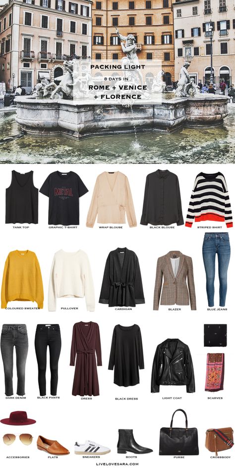 What to Pack for 8 Days in Rome, Venice, and Florence - Packing Light List for Sept/Oct Honeymoon Rome Packing List, Italy In March, Italy Packing List, Italy Travel Outfit, Winter Travel Outfit, Travel Capsule Wardrobe, Travel Capsule, Italy Outfits, Travel Wardrobe