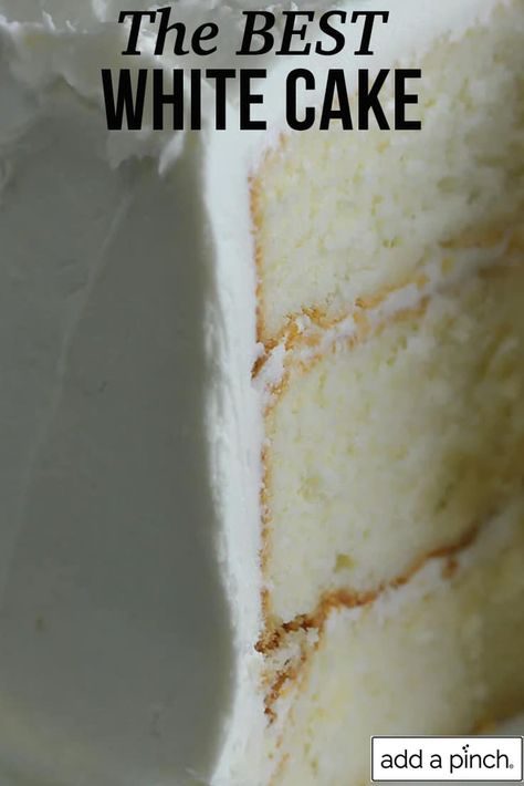 This White Cake recipe is the perfect cake for so many celebrations! This Best White Cake is simple to make and is a moist, tender cake everyone loves. It's a favorite for birthdays, anniversaries and more! //addapinch. #whitecake #bestwhitecake #bestwhitecakeever #whitecakerecipe #addapinch Best White Cake Recipe Ever, The Best White Cake Recipe Ever, Wedding Cake Frosting Recipe, Best White Cake, Best White Cake Recipe, White Cake Recipe, Cake Frosting Recipe, White Cakes, Wedding Cake Recipe