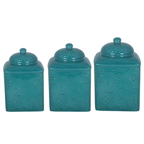 Ceramic Canister Set, Turquoise Kitchen, Western Kitchen, Kitchen Canister Set, Leather Tooling Patterns, Modern Rustic Homes, Ceramic Canister, Storage Canisters, Ceramic Dinnerware