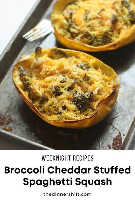 Broccoli Cheddar Stuffed Spaghetti Squash – The Dinner Shift Broccoli Cheddar Spaghetti Squash, Broccoli Spaghetti, Spaghetti Squash Recipes Easy, Stuffed Spaghetti Squash, Cheese Spaghetti, Spaghetti Squash Recipes, Sunday Meal Prep, Broccoli Cheddar, Roasted Broccoli