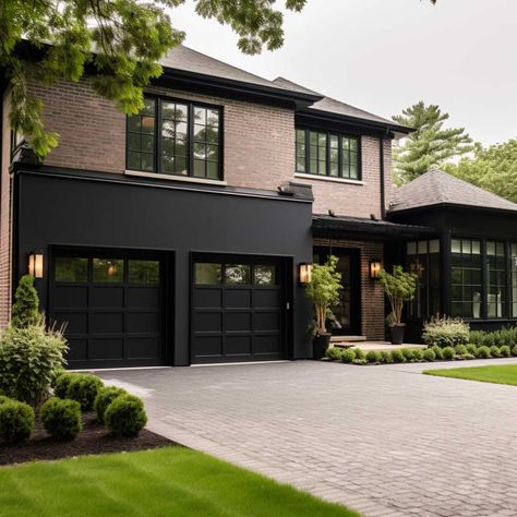 3+ Striking Color Choices for Garage Doors on Brick Houses • 333+ Art Images Black And Red Brick House, Doors On Brick Houses, Door Color Ideas, Black Garage Doors, White Garage Doors, Garage Door Colors, Wooden Garage Doors, Brick Houses, Wood Garage Doors