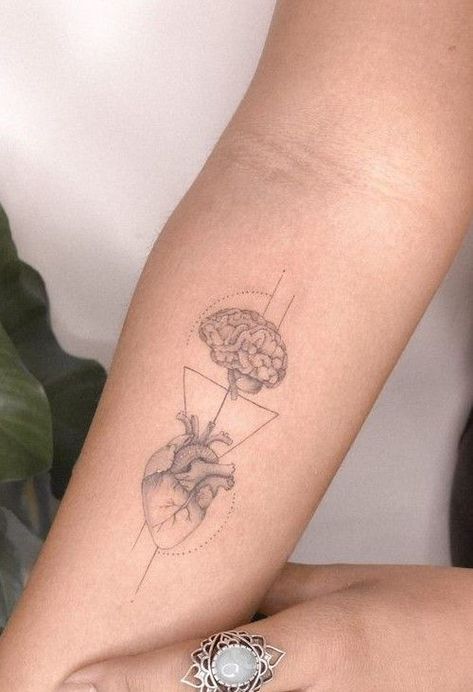 Heart Brain Tattoo Minimalist, Heart And Brain Scale Tattoo, Philosophical Tattoos, Gothic Tattoos, Balance Tattoo, Brain Tattoo, Anatomical Heart Tattoo, Crazy Tattoos, Scale Tattoo