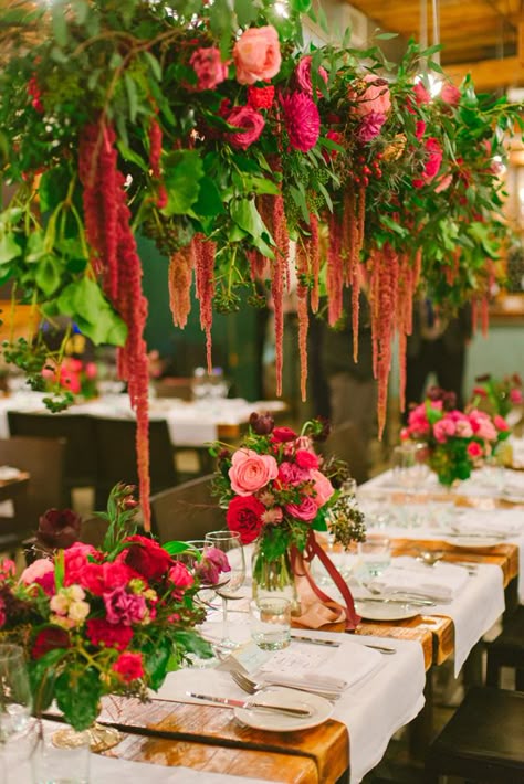 hanging amaranthus floral display - photo by Olive Photography http://ruffledblog.com/winter-garden-wedding-in-toronto #weddingideas #flowers Raised Flower Centerpiece Wedding, Pink Amaranthus, Tropical Wedding Theme, Autumnal Wedding, Wedding Chandelier, Floral Chandelier, Reception Flowers, Hanging Flowers, Long Table