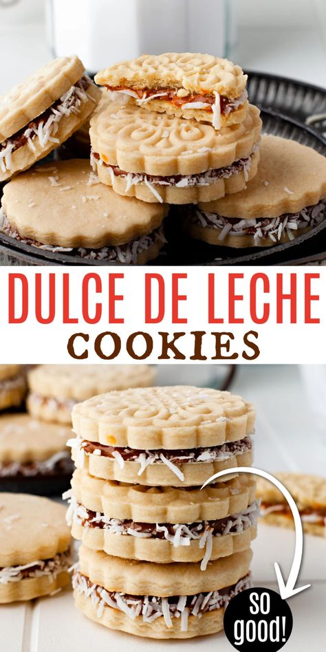 Make traditional Latin American cookies at home! Buttery shortbread cookies are sandwiched with dulce de leche and a sprinkle of coconut in this easy Alfajores cookie recipe. Icebox Cookie Recipe, Cookbook Inspiration, Sandwich Cookies Filling, Mexican Desserts, American Cookies, Hispanic Recipes, Mexican Bread, Shugary Sweets, Buttery Shortbread Cookies