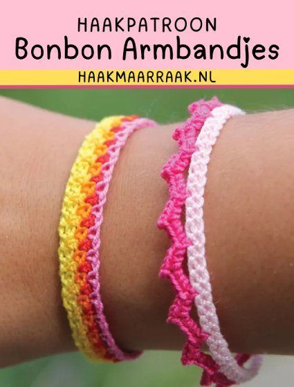 Haakpatroon Bonbon Armbandjes • Haakinformatie Crochet Bracelet Pattern, Lace Bracelet, Crochet Granny Square Blanket, Wire Crochet, Shawl Patterns, Moss Stitch, Crochet Bracelet, Granny Square Crochet Pattern, Crochet Diagram