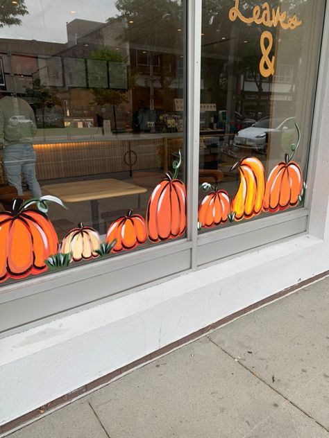 Fall Pumpkin Window Painting, Autumn Cafe Decor, Storefront Fall Decor, Coffee Window Art, Autumn Coffee Shop Decor, Snoopy Window Painting, Coffee Shop Fall Decor, Fall Cafe Decor, November Window Art