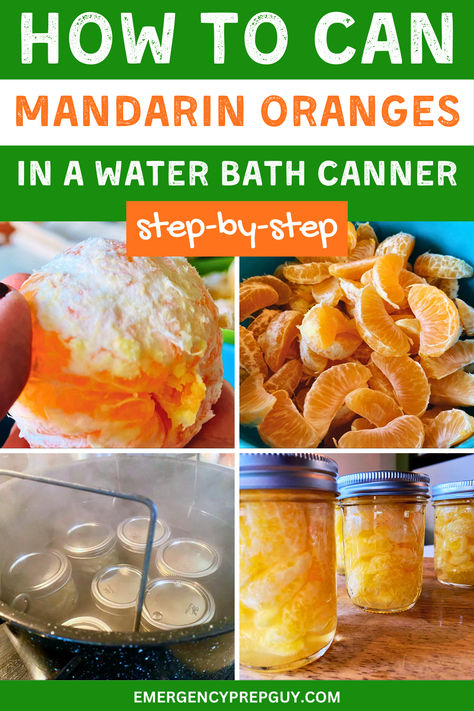 Step-by-step visual guide on how to can mandarin oranges using water bath canning for preserving, featuring peeled mandarins, separated segments, jars in a canner, and finished jars, highlighting an easy and simple process. How To Can Mandarin Oranges, Preserving Oranges, Canning Mandarin Oranges, Can Mandarin Oranges, Water Bath Canning Recipes, Canning 101, Canning Recipe, Mandarin Oranges, Water Bath Canning