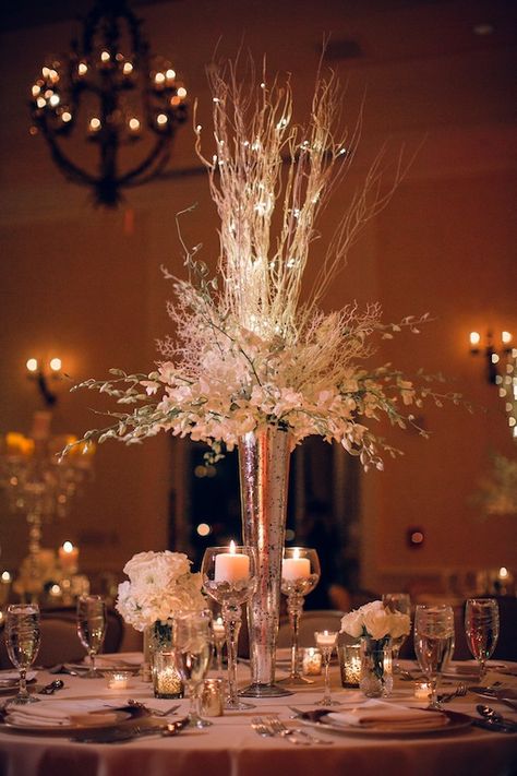 Winter Forest Wedding Centerpieces, Christmas Table Centerpieces Elegant Winter Weddings, White Branch Centerpieces Wedding, Winter Wedding Tall Centerpieces, Winter Gala Centerpieces, Elegant Winter Centerpieces, Winter Formal Centerpieces, Sparkly Wedding Centerpieces, White Winter Wedding Centerpieces