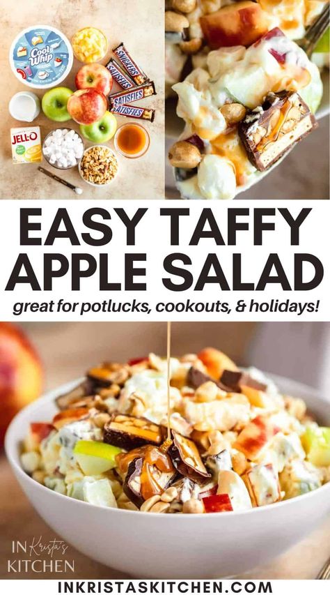 Taffy Apple Salad, Marshmallow Salad, Dessert Salad Recipes, Apple Salad Recipe, Snicker Apple Salad, Snickers Salad, Taffy Apple, Super Easy Desserts, Apple Salad Recipes