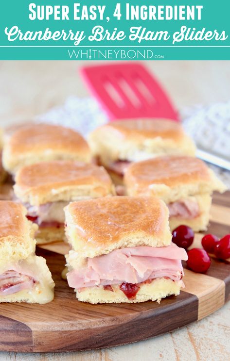 Ham sliders are served on Hawaiian rolls with brie cheese & cranberry sauce, then baked in the oven for a fun & easy recipe made in under 30 minutes! #recipe #sliders #ham #easy via @whitneybondblog Ham Sliders, Holiday Entertaining Food, Slider Sandwiches, Cranberry Cheese, Delicious Appetizer Recipes, Holiday Snacks, Party Dishes, Hawaiian Rolls, Brie Cheese