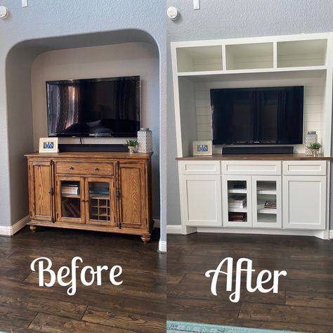 Tv Cubby Hole Ideas Built Ins, Closet Turned Into Entertainment Center, Tv Nook Next To Fireplace, Small Built In Tv Cabinet, Tv Niche Makeover Living Room, Closet To Tv Nook, Closet Into Tv Nook, Tv Nook Makeover Built Ins, Closet Entertainment Center