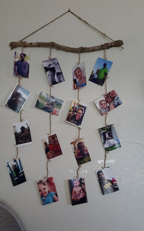 Branch Photo Hanger, Family Photo Wall Display Childcare, Ways To Display Family Photos In Classroom, Family Photo Classroom Display, Vacation Photo Display Ideas, Family Wall Preschool Display, Memory Lane Photo Display, Hanging Pictures On String, Classroom Family Picture Display