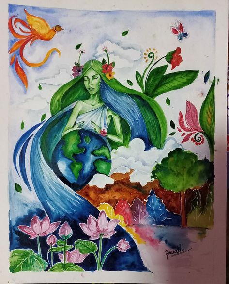 Save Tree Drawing Art, Mother Nature Drawing Easy, Nature Related Drawings, Environmental Art Posters, Geography Painting, Save Earth Posters For Competition, Sustainable Development Poster Drawing, Save Environment Painting, Save Mother Earth Poster