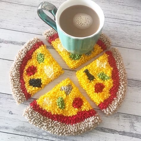 Set of 4 slices of punch needle embroidered pizza that creates a whole. Hand made and designed in Australia for use as kitchen and dining decor, as useful side table coasters and makes wonderful quirky and whimsical food themed gifts. Embroidery Coasters Ideas, Punch Needle Trivet, Things To Punch Needle, Food Themed Home Decor, Food Themed Decor, Silly Home Decor, Cute Coaster Ideas, Punch Needle Designs Ideas, Punch Needle Wall Decor