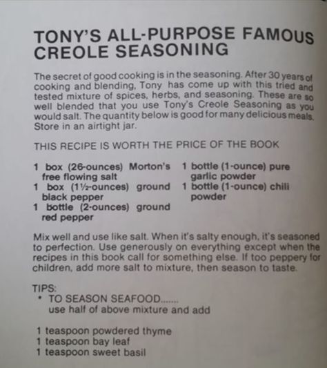 Tony Chachere Seasoning Recipe, Season Mixes, Man Recipes, Homemade Dry Mixes, Dry Rubs, Dry Mixes, Spice Blends Recipes, Seasoning Blends, Homemade Mixes