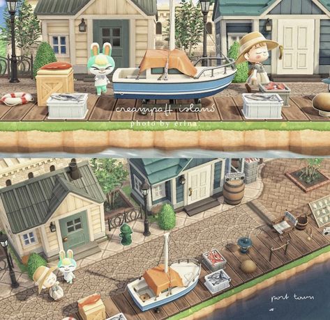 ern_konpeito on instagram | creampaff island Animal Crossing Fishing Dock, Fishing Dock Ideas, Animal Crossing Fishing, Dock Ideas, Seaside Shops, Fishing Dock, Port Area, Animal Crossing Wild World, Harbour Island