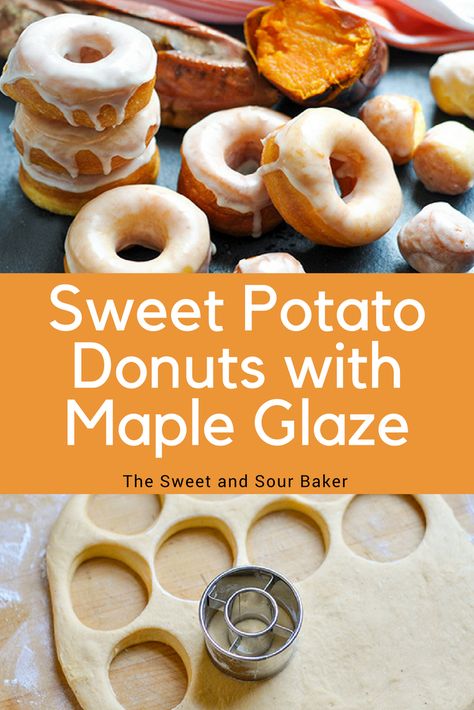 Sweet Potato Doughnut, Sweet Potato Doughnut Recipe, Sweet Potato Doughnuts Baked, Sweet Potato Donut Recipe, Sweet Potato Hennessy Donut, Maple Doughnut Glaze, Maple Filled Donut, Potato Donuts, Apple Donuts