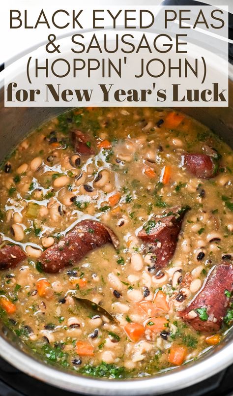 An overhead shot of hoppin' john in the instant pot. Black Eyed Peas And Sausage Recipe, Black Eye Peas In Instant Pot, Dried Black Eyed Peas Instant Pot, Best Hoppin John Recipe, Hop N John Recipe, Hoppin John Soup With Sausage, Cajun Black Eyed Peas Recipe, Hoppin John Recipe Instant Pot, Hoppin John Soup Recipe