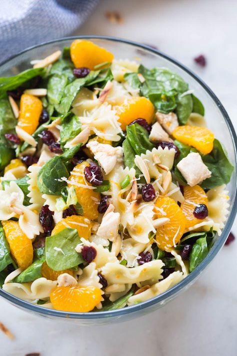 Healthy Chicken Pasta Salad loaded with spinach, mandarin oranges, craisins, almonds and parmesan cheese, tossed together with a light and healthy creamy citrus dressing. | tastesbetterfromscratch.com Healthy Chicken Pasta Salad, Salad Macaroni, Healthy Pasta Salad Recipes, Chicken Pasta Salad Recipes, Cold Pasta Salad Recipes, Healthy Pasta Salad, Healthy Chicken Pasta, Tastes Better From Scratch, Easy Pasta Salad Recipe