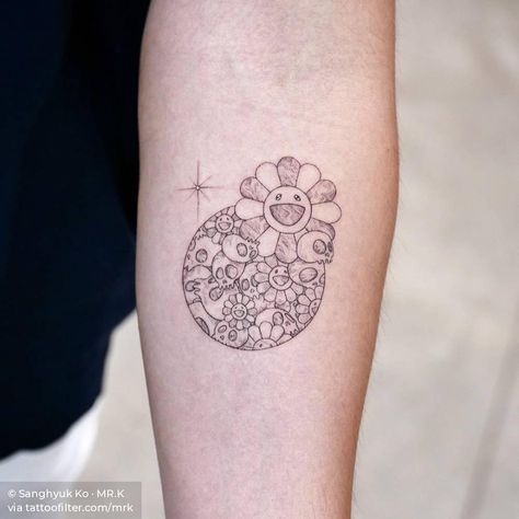 Takashi Murakami Flower Tattoo, Murakami Flower Tattoo, Murakami Tattoo, Flower Tattoo Meaning, Takashi Murakami Flower, Fineline Tattoos, Tattoo For Boyfriend, Murakami Flower, Flower Tattoo Ideas