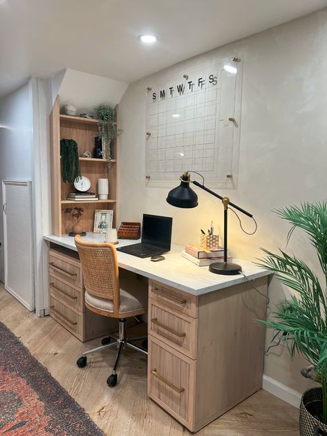 This IKEA hack uses 2 ALEX units & a counter as a desk | Livingetc Ikea Desk Hack Home Offices, Fluted Desk, Fluted Molding, Ikea Office Hack, Diy Home Office Desk, Ikea Alex Desk, Ikea Office Desk, Alex Desk, Ikea Home Office